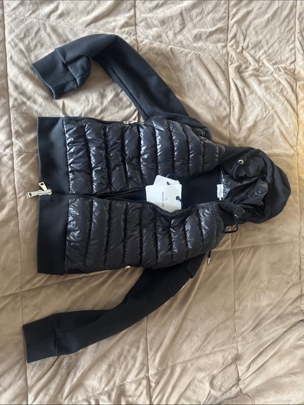 Moncler Maglia Cardigan Black Quilted Hooded with Knit Sleeves XS